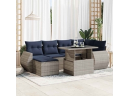 Vidaxl 7 Pcs Conjunto Sofás Jardim Almofadões Vime Pe/acácia Cinzento