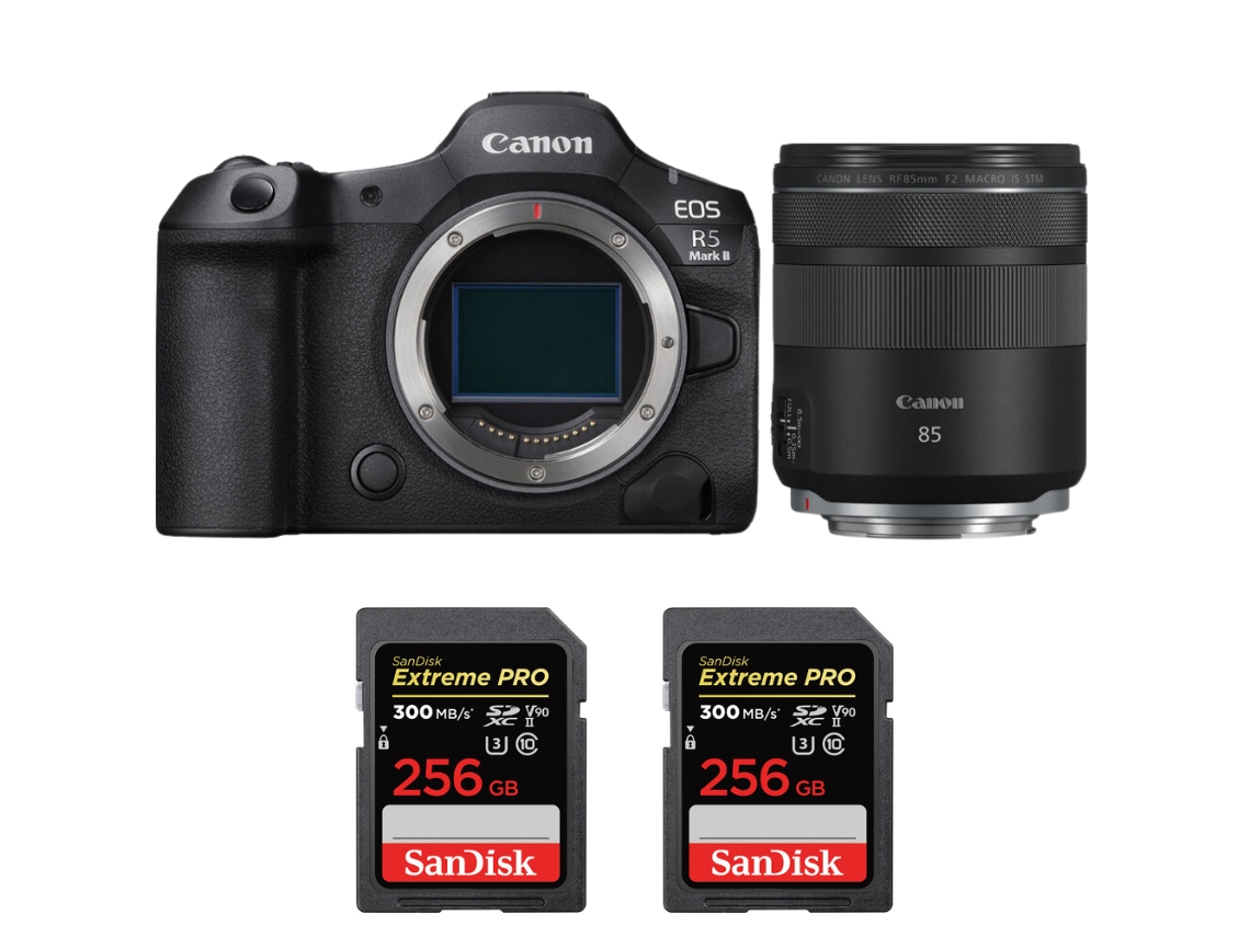 Eos R5 Mark Ii + Rf 85mm F/2 Macro Is Stm + 2 Sandisk 256gb Uhs ii 300mb/s + Ebook “20 Dicas para Fotos Que Impressionam” CANON