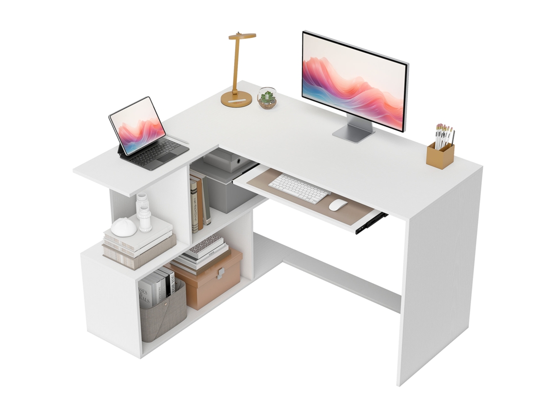 Mesa de canto em L com prateleiras, bandeja deslizante para teclado, 120x100x76cm, branco
