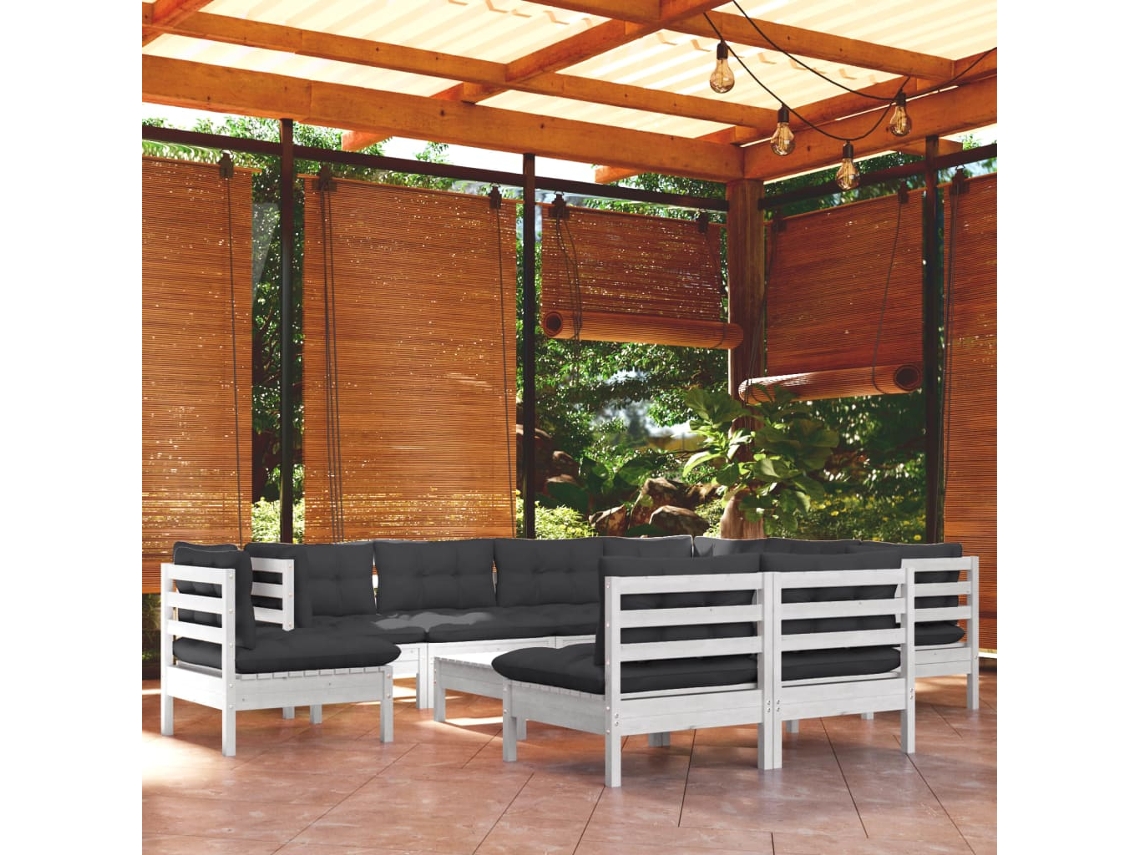 10 Pcs Conj. Lounge De Jardim C/ Almofadas Pinho Maciço Branco Dkd Home Decor