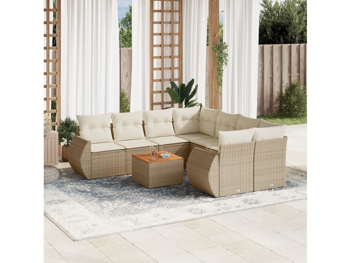 Vidaxl 9 Pcs Conjunto De Sofás P/ Jardim Com Almofadões Vime Pe Bege