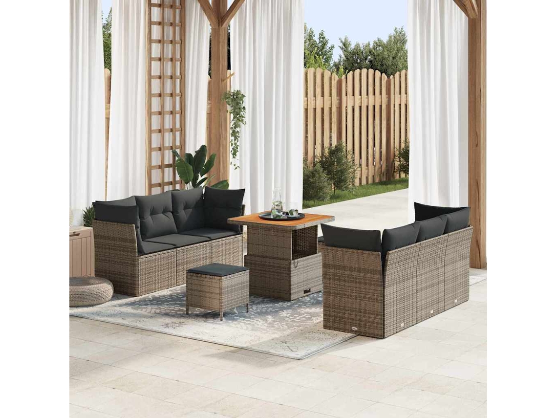 Vidaxl Conjunto De Sofá De Jardim Com Almofada 9 Pcs Cinzeto Vime Pe