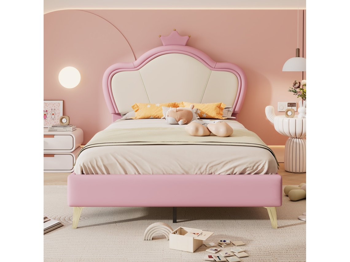 Cama Infantil 90x200cm Cabeceira Coroa, Bordas Acolchoadas, Ripas, Pu, Rosa/Branco KOMHTOM