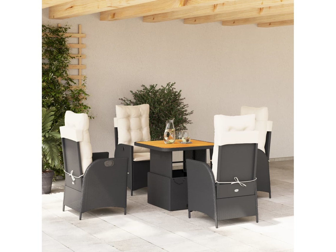Vidaxl 5 Pcs Conjunto De Jantar P/ Jardim C/ Almofadões Vime Pe Preto