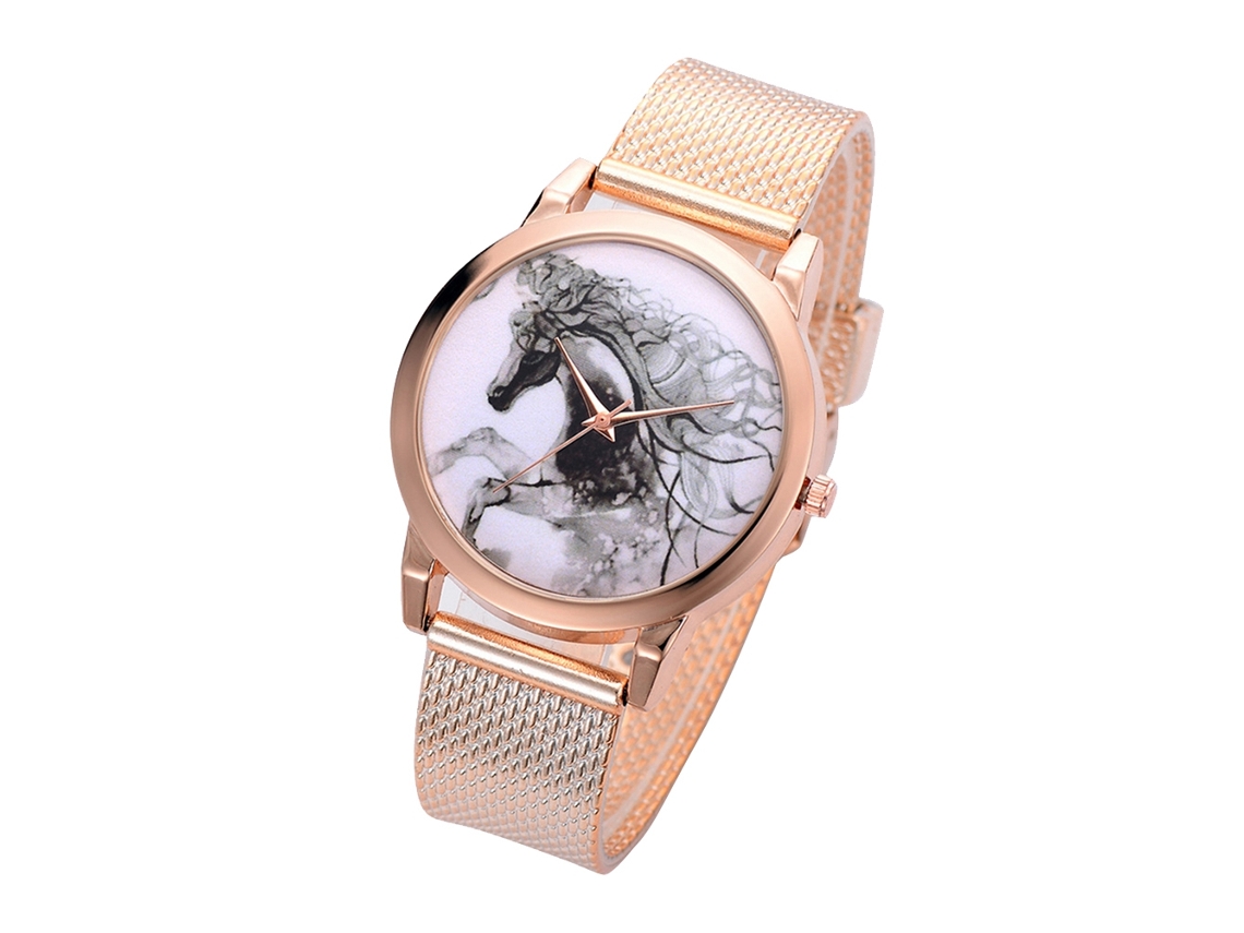 Reloj De Cuarzo Para Hombre Con Correa De Malla Y Dial Redondo Patrón Caballo Moda (oro)