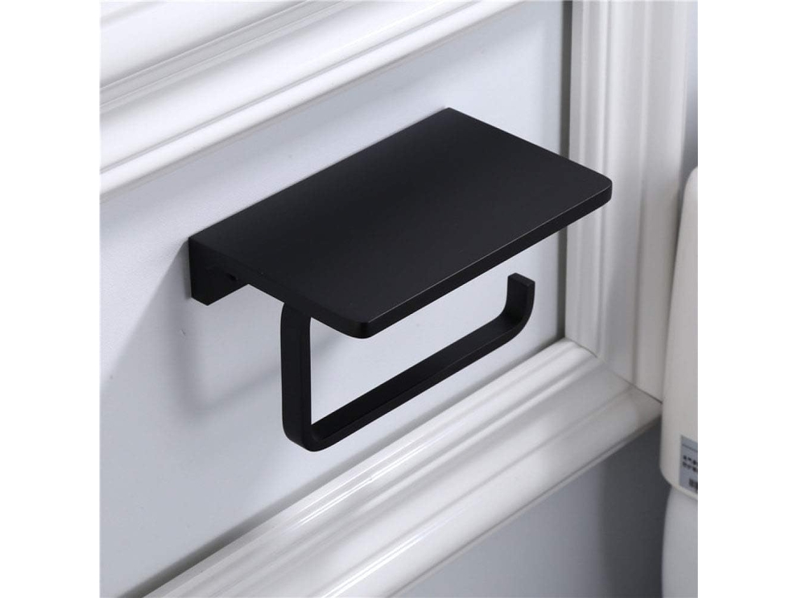 Suporte De Parede Preto Para Papel Higiênico Com Prateleira.