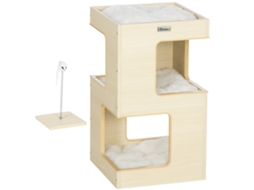 Caverna Gato Natural E Cinza 34x34x60 Cm, 2 Andares Com Brinquedos Incluídos