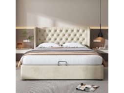 Cama De Contentor Estofada Em Veludo 140x190 Cm Com Estrado De Ripas - Bege