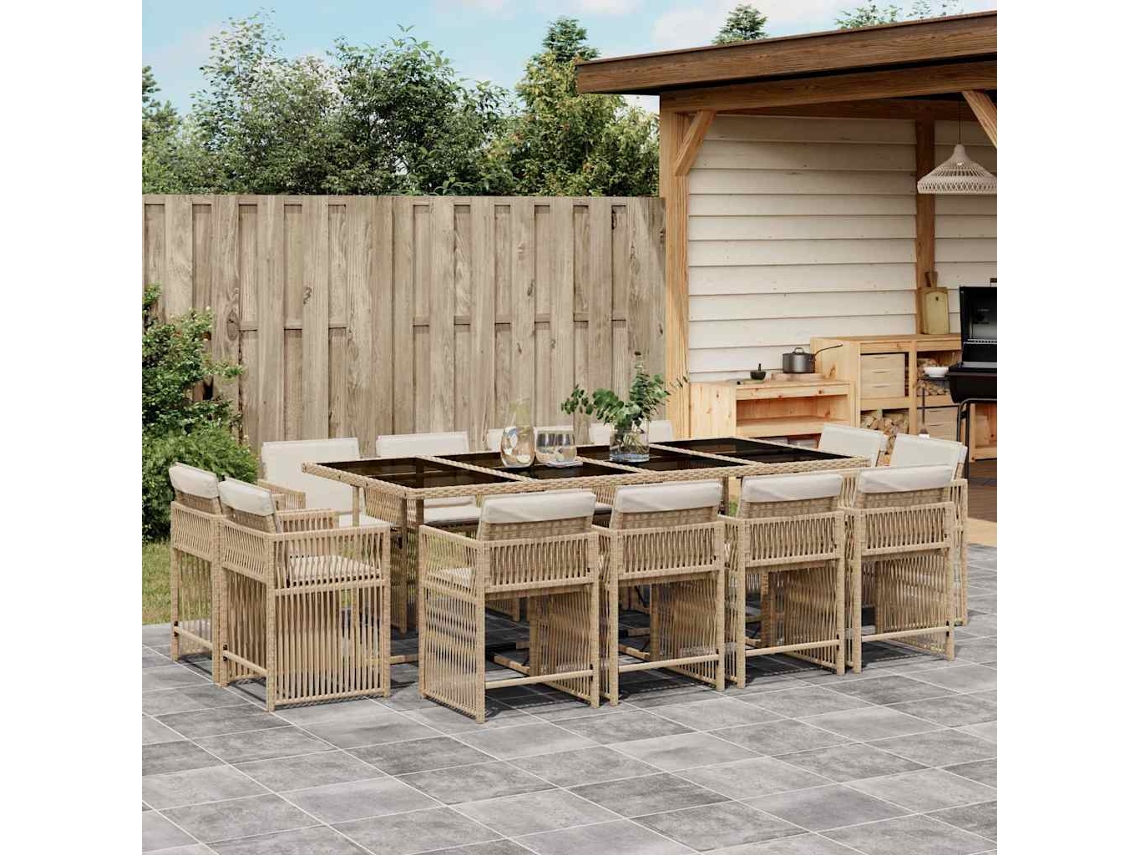 Vidaxl 13 Pcs Conjunto de Jantar P/ Jardim com Almofadões Vime Pe Bege