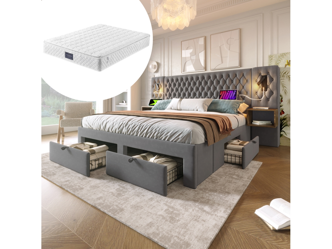 Cama Casal 160x200cm Com Colchão, 2 Mesas Cabeceira, 4 Gavetas E Luz Usb Cinza Seda