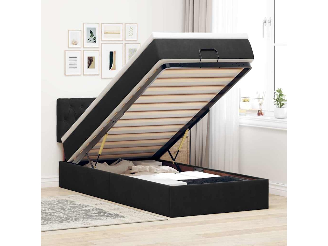 Estrutura de cama otomana com colchão preto veludo