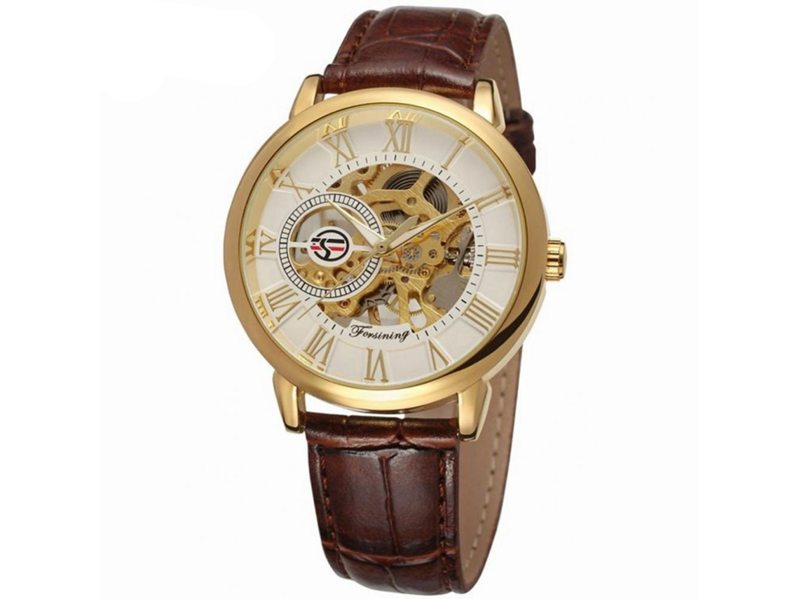 Reloj Mecánico Automático Para Hombres Forsining Hueco Impermeable Dial Blanco Cuerda Marrón