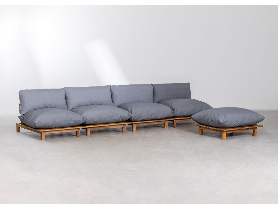 Sklum Sofá Modular Reclinável De Jardim De 4 Peças Com Puff Em Madeira De Acácia Brina Poliéster Cinza Grafito