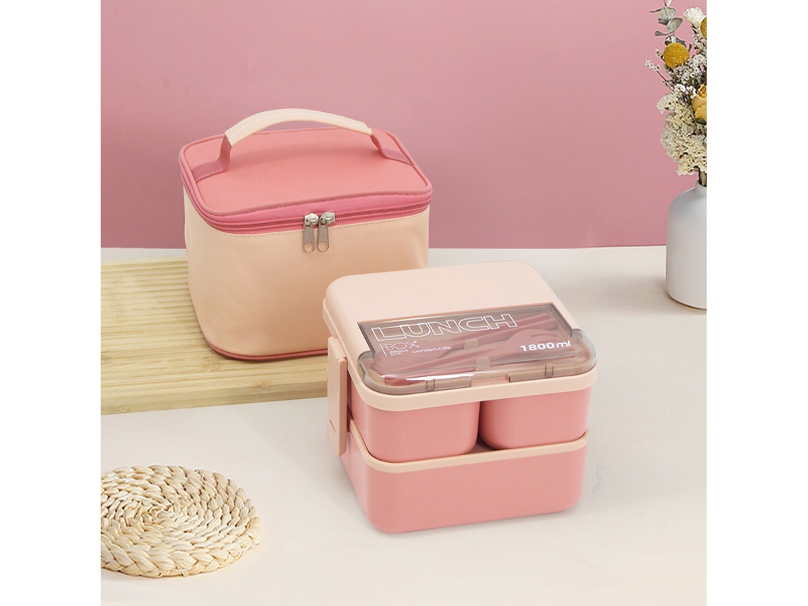 Lancheira Plástica Quadrada Com Divisórias Duplas E Bolsa Termoisolante (rosa Com Bolsa) 17*16*12,5cm