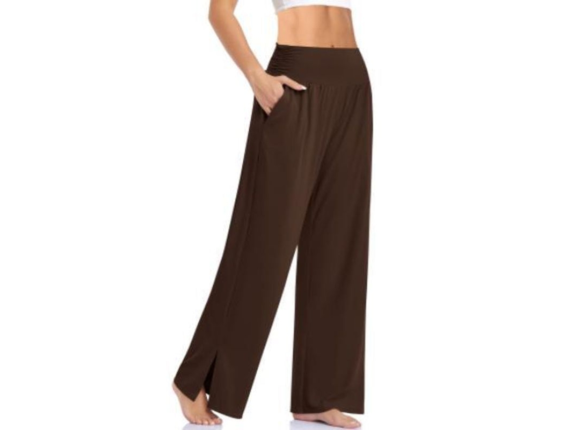 2026 pantalones de Yoga de Pierna Ancha para Mujer de Cintura Alta Con Bolsillos Y Nudo Ajustable M Café Oscuro