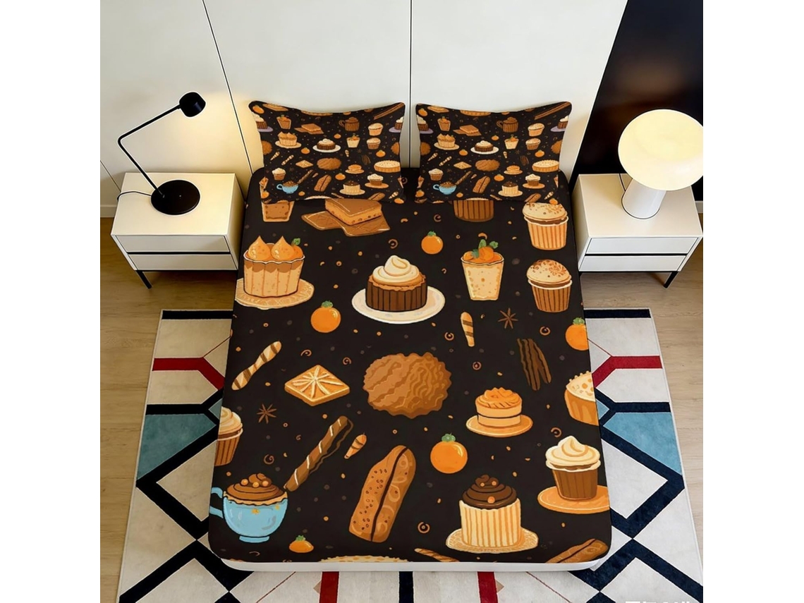Conjunto de Cama Estampa 3d Doces e Sobremesas Microfibra com Fronha 200x25cm S/MARCA