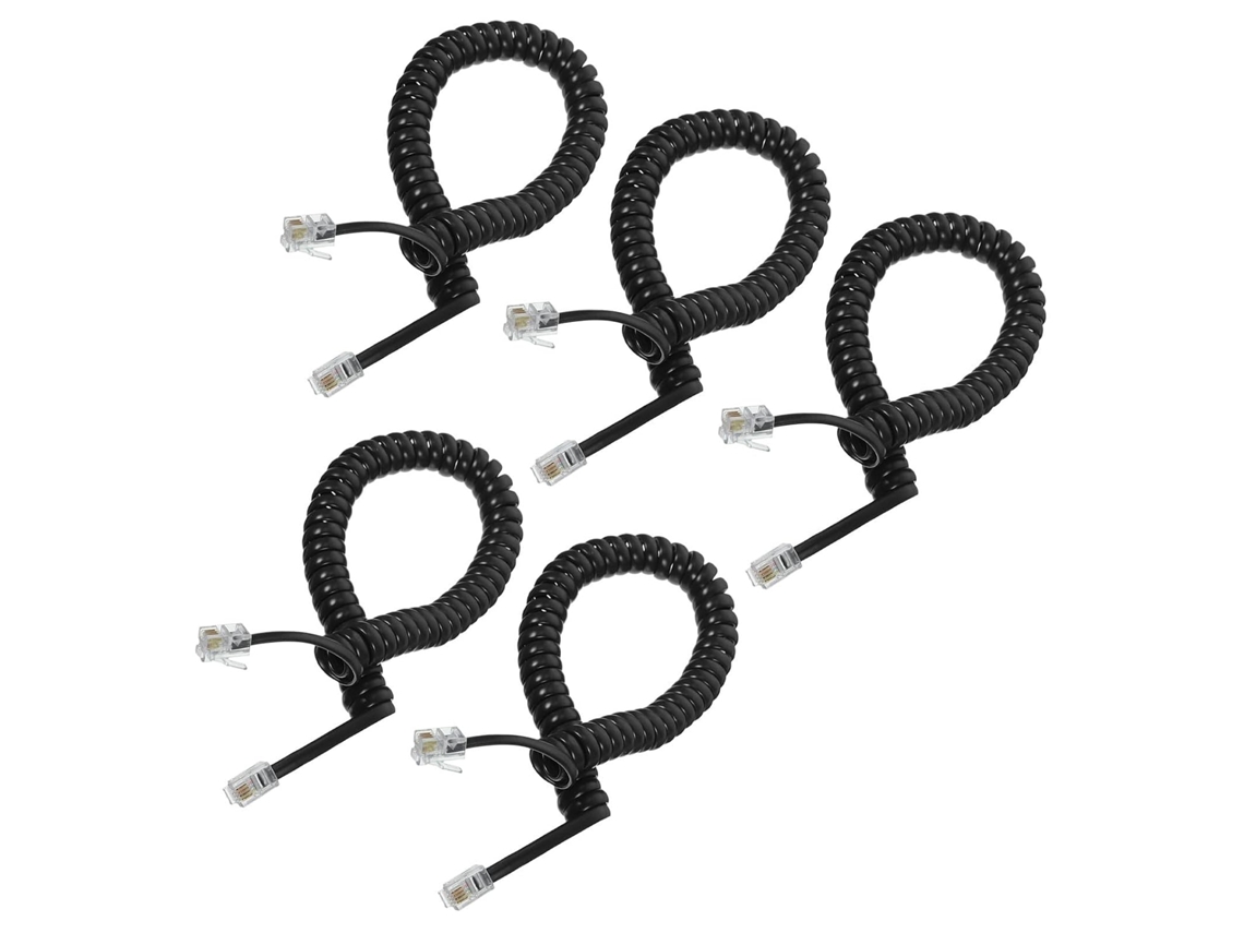 Pacote Com 5 Cabos Pretos Espiralados Para Telefone Fixo, Duráveis, Elásticos E Com Plugue.