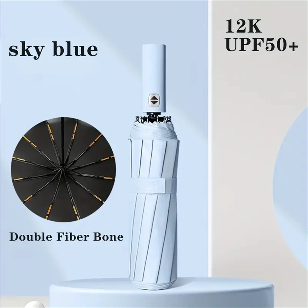 (azul Celeste 12k) Guarda-chuva Totalmente Automático De 12 Polegadas Com Varetas Pretas Coladas E Varetas Reforçadas E Duráveis.