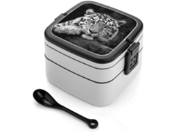 Marmita Bento Empilhável Com Estampa De Tigre Preto E Branco, À Prova De Vazamentos, Com Tampa Hermética E Colher