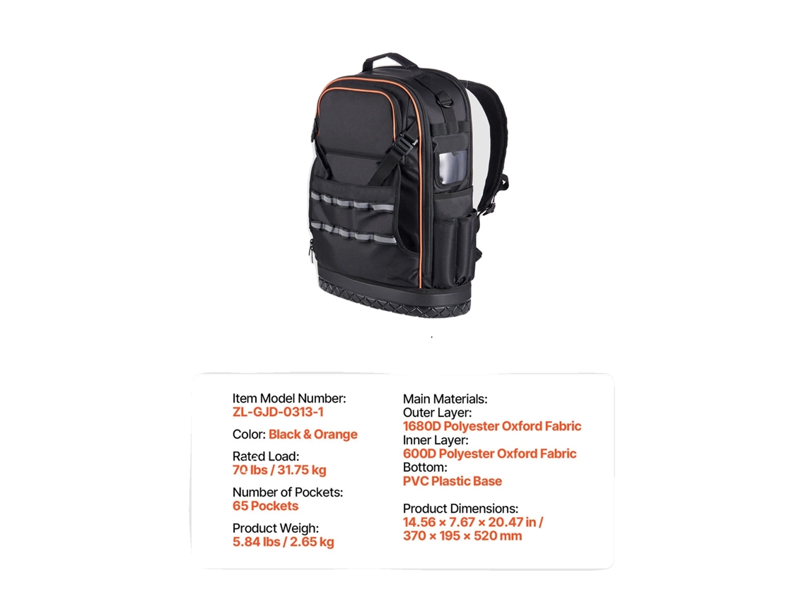 Mochila De Ferramentas, 65 Bolsos, Material Resistente À Água, 14-16polegadas