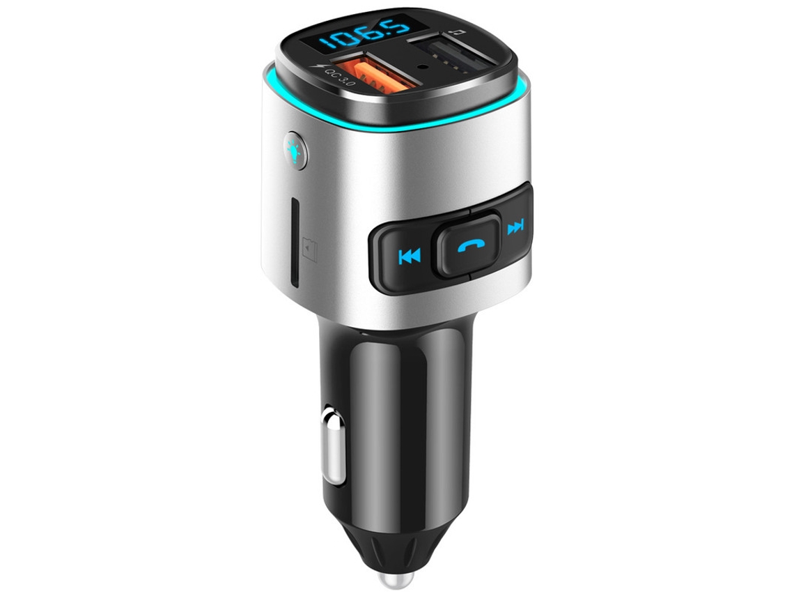 Transmissor Fm YIZHOOD Bc41 Carregador de Carro Compatível com Mp3 Bluetooth com Luz Ambiente Colorida de Carregamento Rápido Qc3.0 Prata