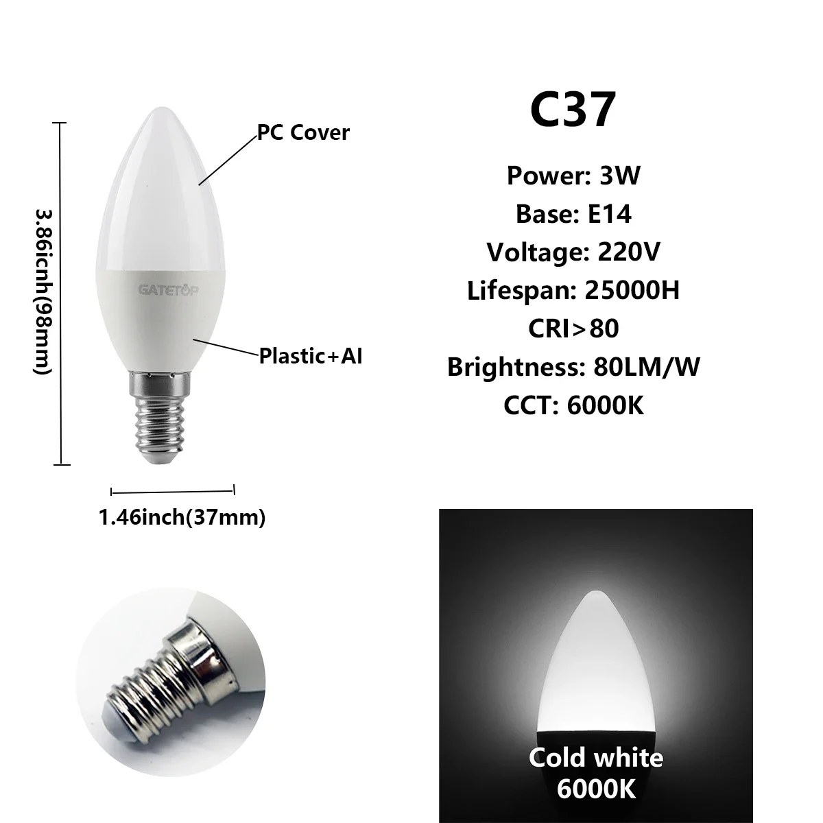 Pacote com 10 Lâmpadas Led , Ideais para Decoração de Casa, Escritório e Banheiro. MDUG (c37 3w E14 6000k)