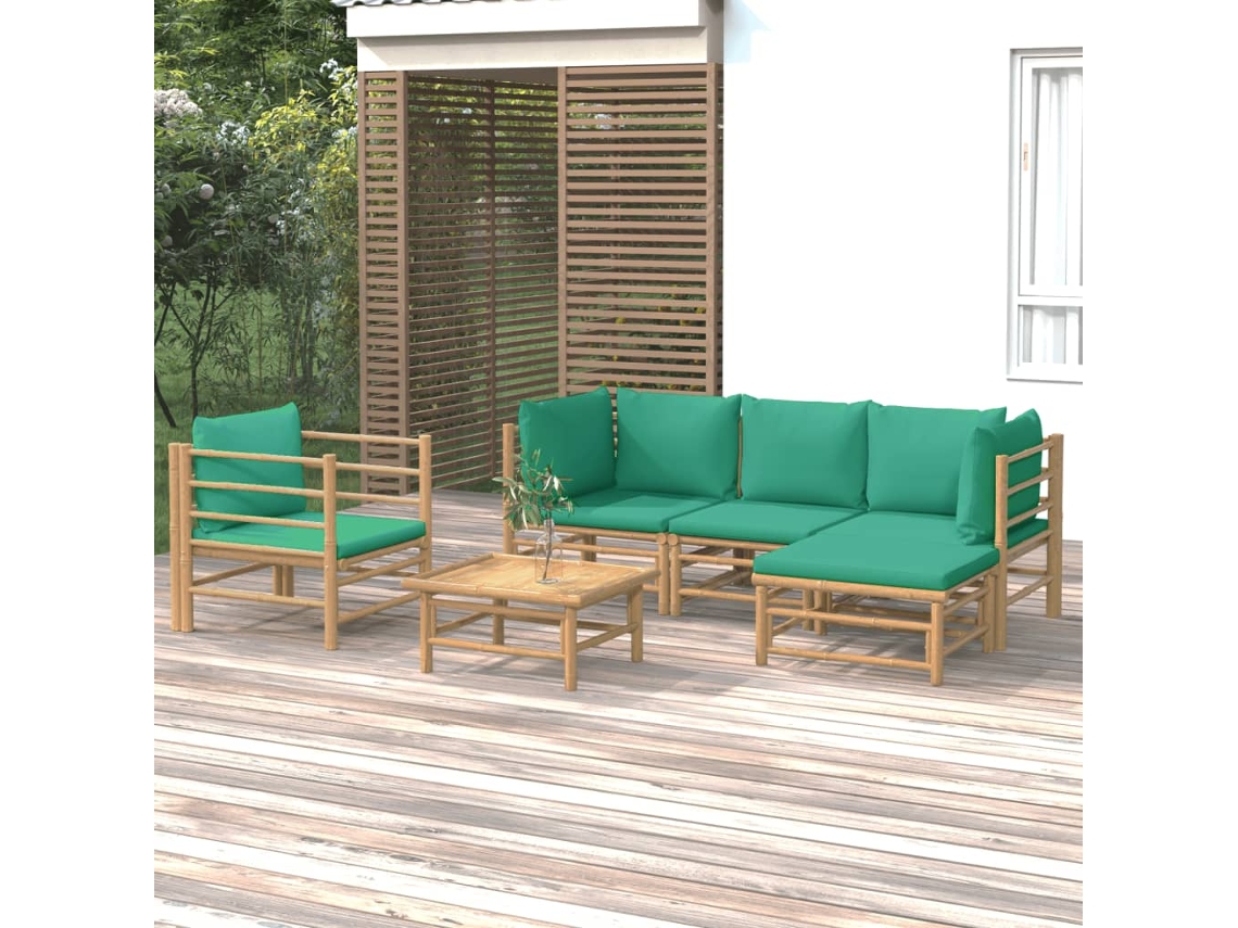 Vidaxl 6 Pcs Conjunto Lounge De Jardim Bambu C/ Almofadões Verdes