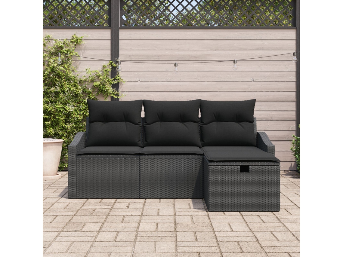 Conjunto De Sofá De Jardim De 4 Peças Com Almofadas Preto Vime Sintético Wsd819336 Lovely Home