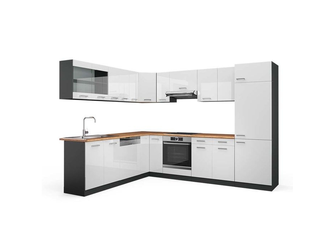 Cozinha de canto R-Line, 227 x 287 cm, carvalho PT, branco brilhante/antracite, Vicco