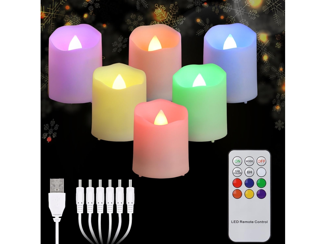 Velas Tealight Recarregáveis ​​sem Chama Com Temporizador E Controle Remoto, Velas Decorativas De Natal Led Com Efeito, 6 Peças, Cores Rgb
