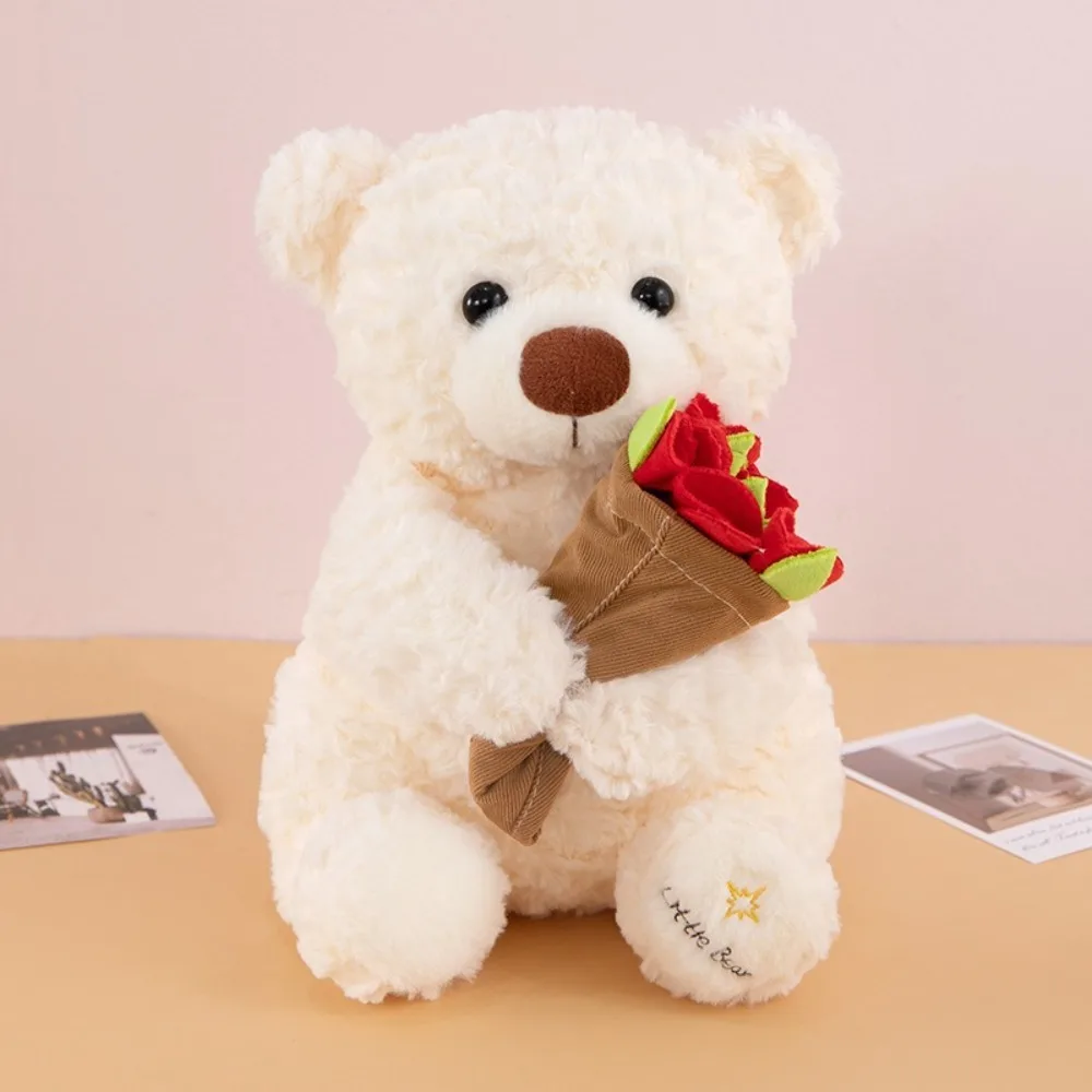 Urso de Pelúcia Criativo e Romântico com Rosas, Brinquedo de Pelúcia Desmontável de Desenho Animado MDUG (branco, 25 Cm)