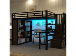 Cama Elevada 140x200cm Com Escrivaninha Gaveta Led Estantes Aço Preto