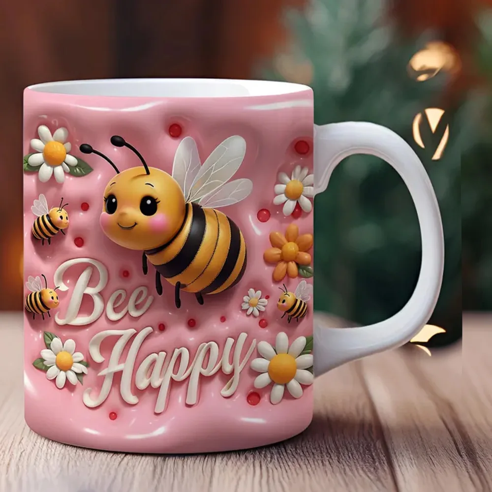 Caneca de Cerâmica com Desenho de Abelha , Caneca para Chá com Leite em 3d, Caneca Criativa para o Café da Manhã. MDUG (branca, 330ml)