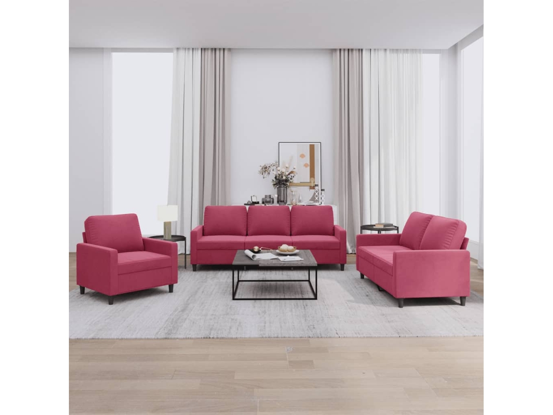 Vidaxl 3 Pcs Conjunto De Sofás Com Almofadões Veludo Vermelho Tinto