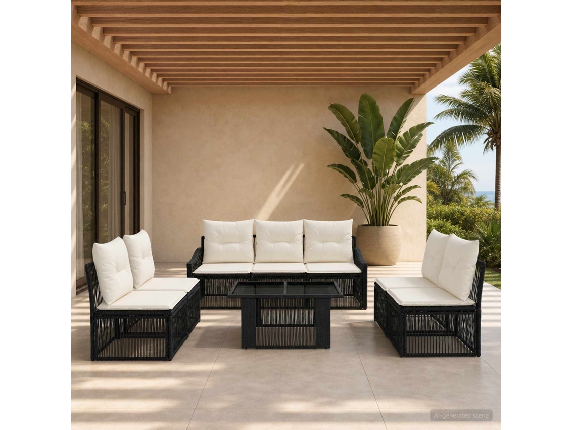 Vidaxl Conjunto De Sofá De Jardim 8 Unid. Preto E Branco Creme Vime Pe