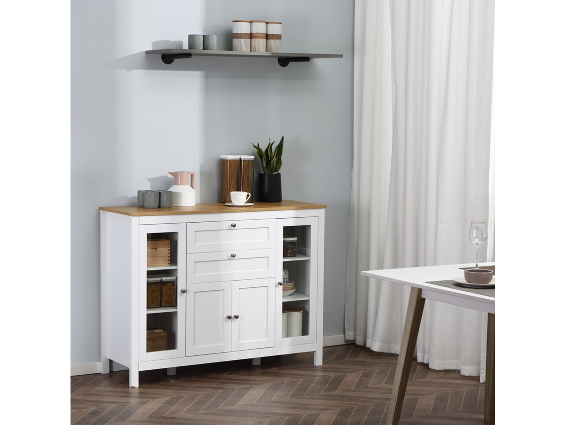 Buffet Cozinha Vidro Multiusos 120x40x90 Cm Branco 2 Portas Vidro 2 Gavetas Prateleiras Ajustáveis Sala Jantar Sala ZIWEI STORE