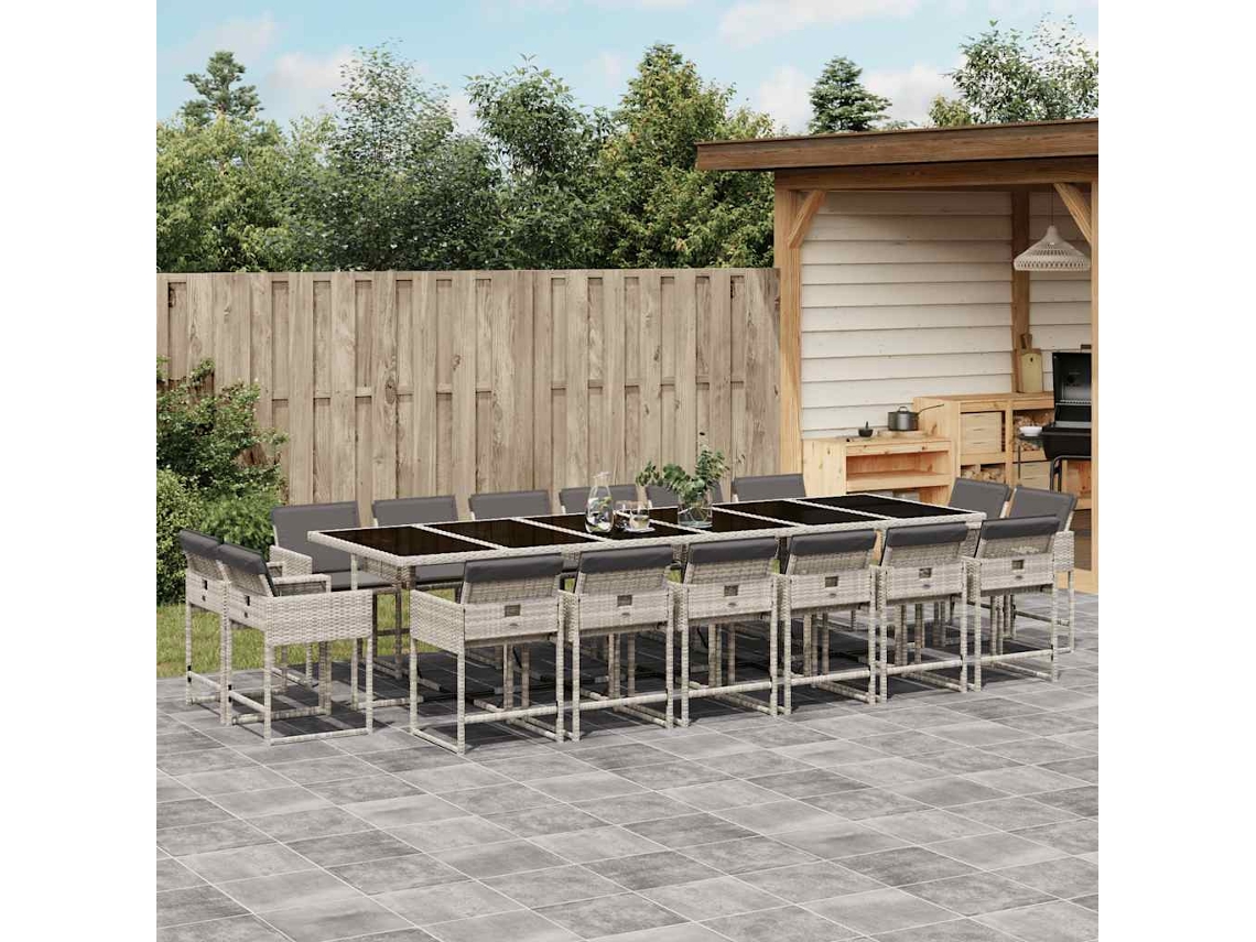 Vidaxl 17 Pcs Conj. Jantar Jardim C/ Almofadões Vime Pe Cinzento-claro