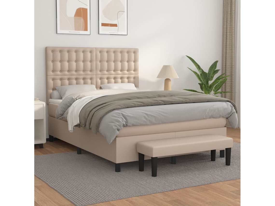 Vidaxl Cama Com Molas/colchão 140x190 Cm Couro Artificial Cappuccino