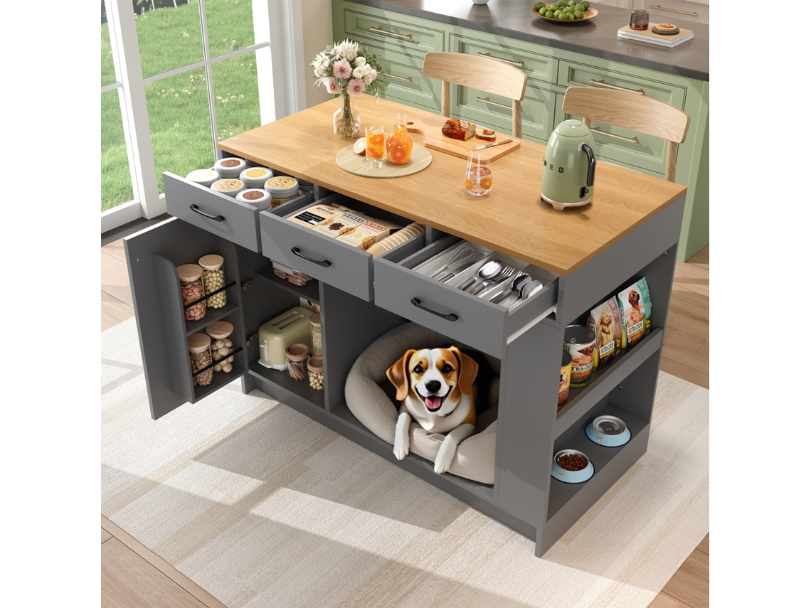 Ilha Cozinha 120*60*90cm, 3 Gavetas, 1 Suporte Temperos, Prateleiras Ajustáveis/duplas, Armazenamento Pets, Cinza-lb