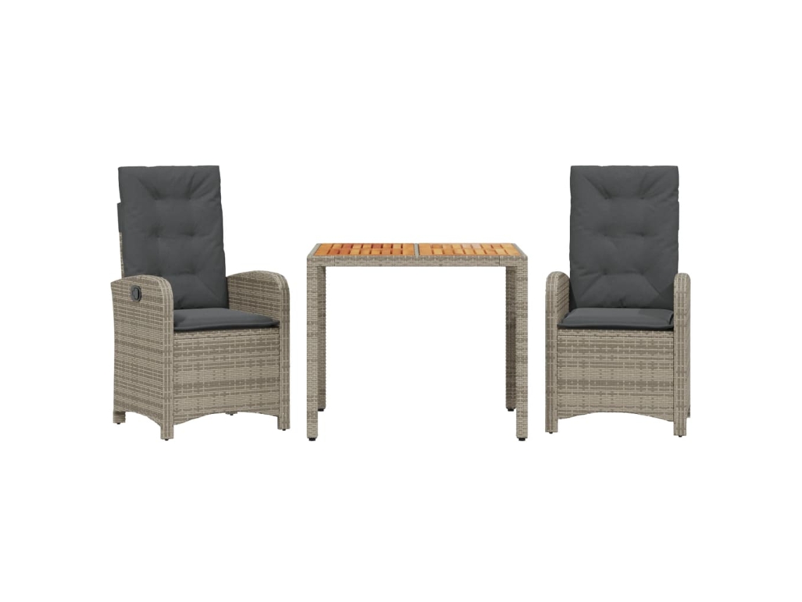 Conjunto 3 de jantar p/ jardim c/ almofadões VIDAXL vime PE cinza
