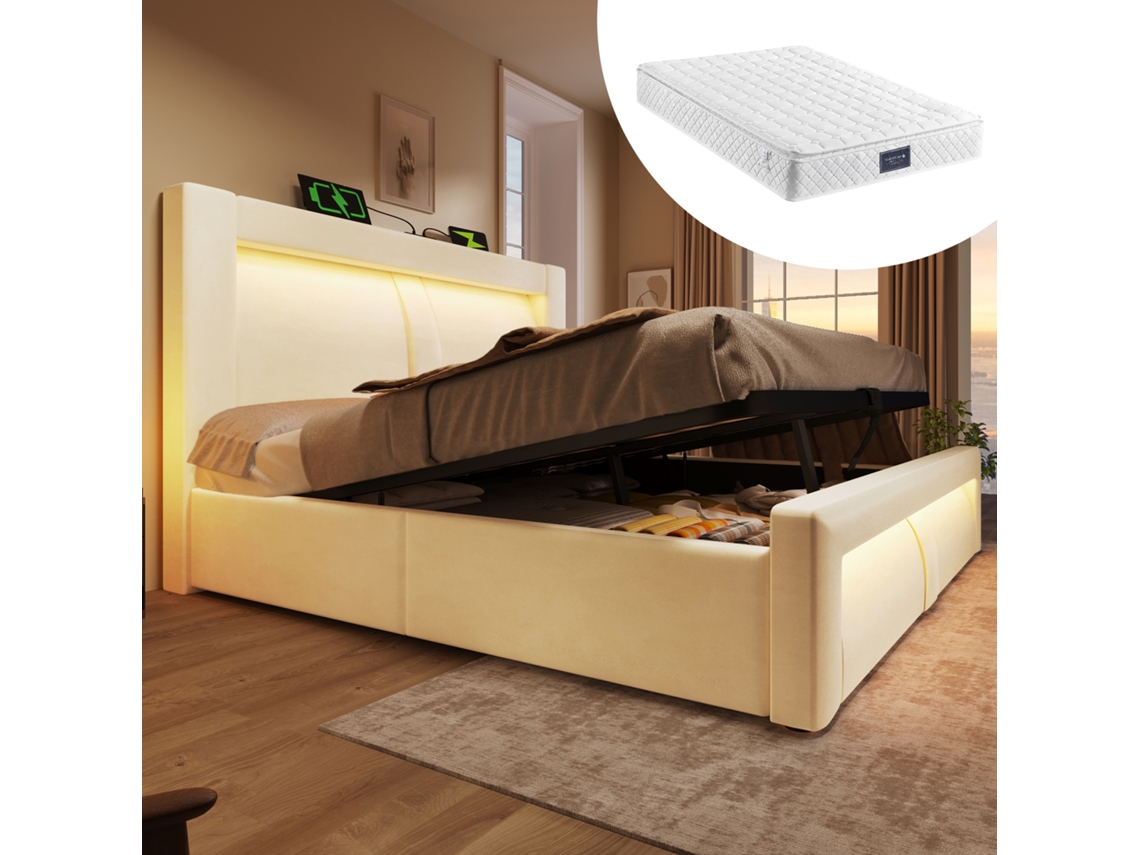 Cama Veludo Bege 160x200 Cm Led App Usb C Cabeceira Curva Hidráulica Colchão Incluído
