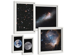 Composição De Quadros Na Parede Espaço, Galáxia, Estrelas E Lua Moldura Branca Fotos Para O Escritório Espelharte (conjunto De 5 Imagens)