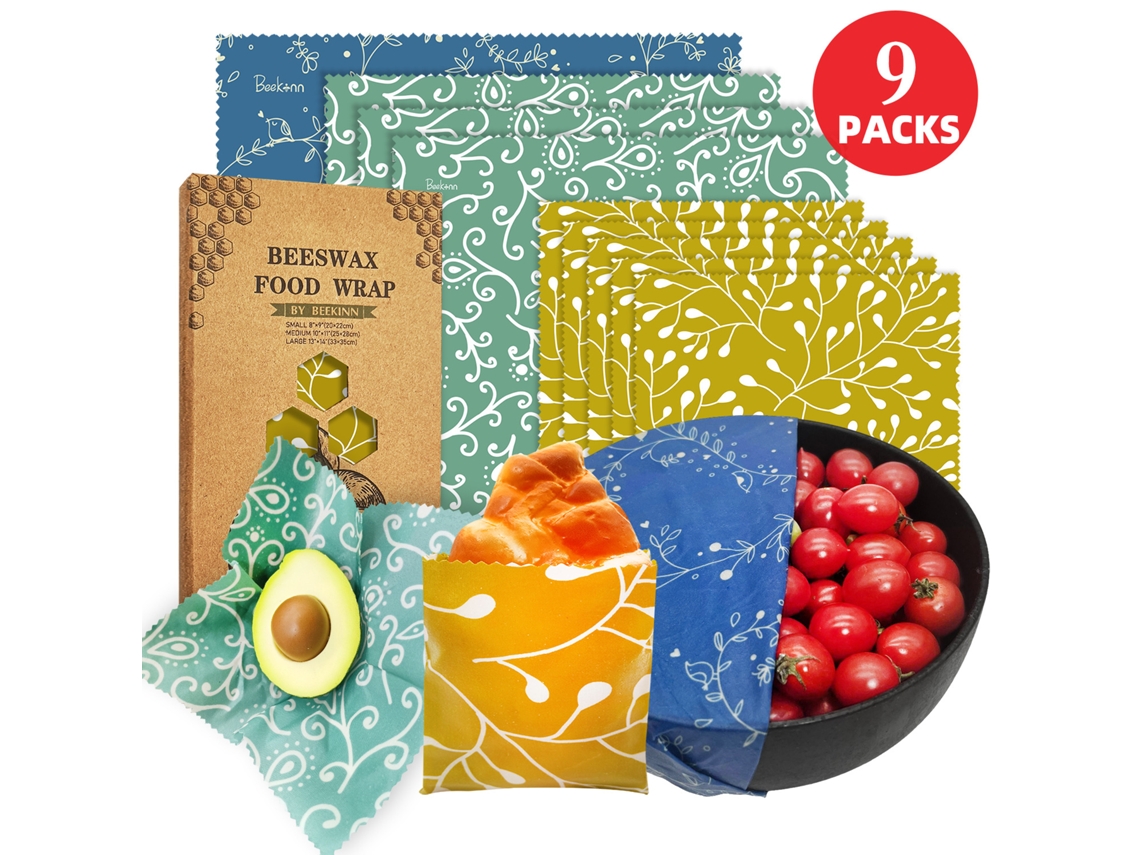 Conjunto 9 Panos Alimentares Reutilizáveis - Panos Cera Abelha - Conservação Alimentos - Amarelo/verde/azul