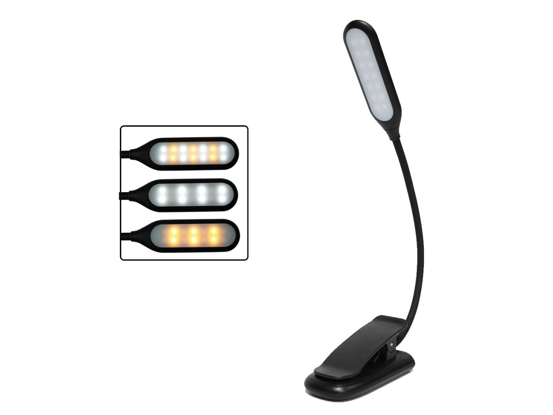 Luminária De Leitura Led, Acabamento Preto, Recarregável, Clipe, 3 Cores, Para Estudo, Cabeceira, Trabalho, Artesanato Ou Viagens