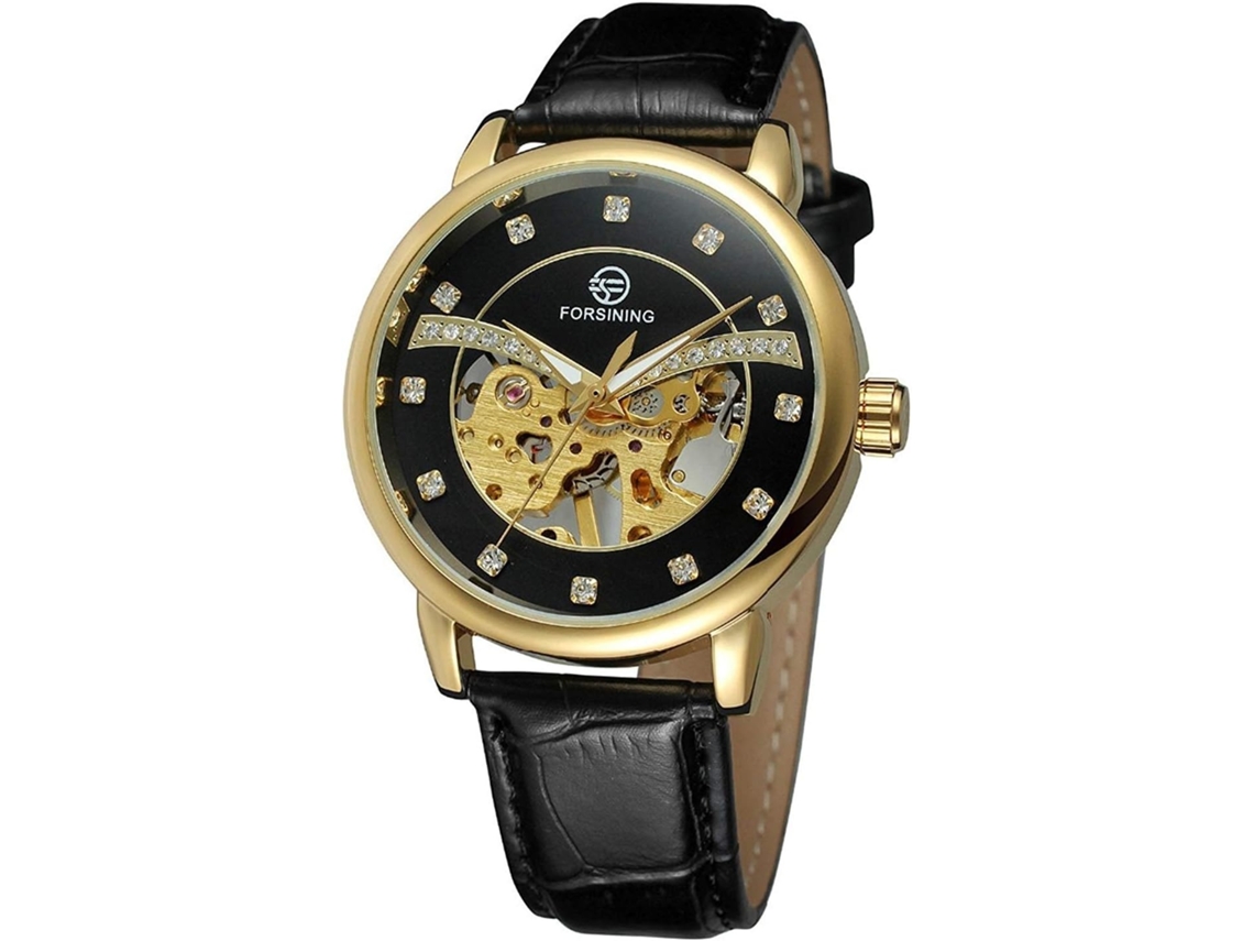 Lurelia Relógio Mecânico, Analógico, Mostrador Esqueleto, Aço Inoxidável, Couro, Preto, Dourado