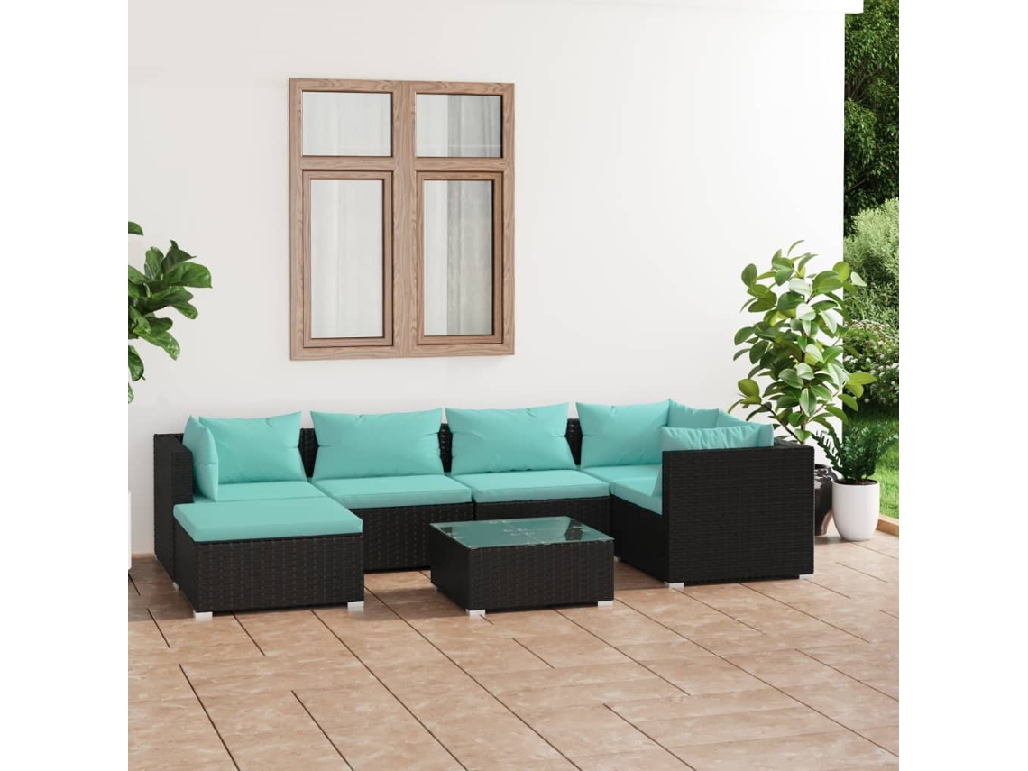 Conjunto Lounge Jardim 7 Peças C/ Almofadões Vime Pe Preto Dkd Home Decor