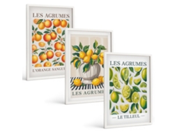 Conjunto De Pinturas Frutas Cítricas Coloridas Moldura Branca Imagens Para Um Quarto Infantil Espelharte (3 Piezas De 40x60 Cm)