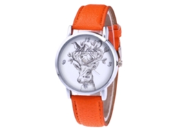 Reloj De Cuarzo Con Correa De Cuero Para Hombres, Patrón De Ciervo Y Pájaro, Naranja