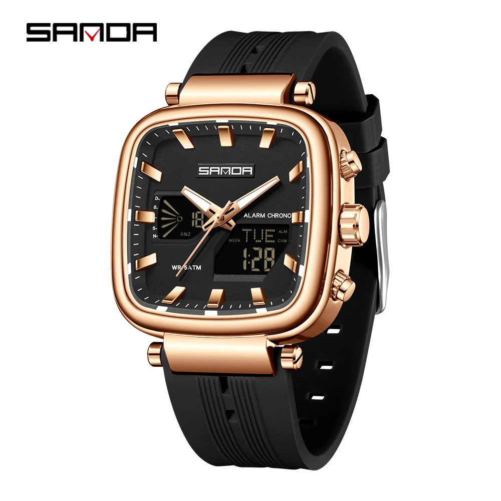 (Preto e dourado) Novo relógio eletrônico de luxo masculino com visor Duplo, esportivo, à prova d'água e luminoso.