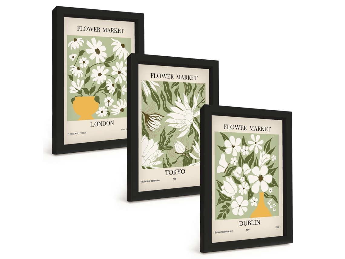 Composição De Quadros Padrões Florais Em Londres, Tóquio E Dublin Espelharte (3 Peças 20x30 Cm)
